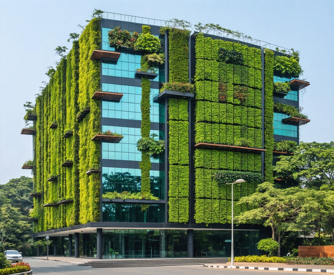 Eco-friendly corporate building exterior in Bengaluru with vertical gardens and solar windows