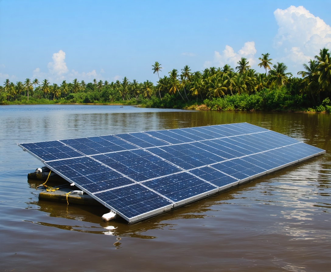 Floating solar panels on a calm backwater lake in Kerala, surrounded by palm trees