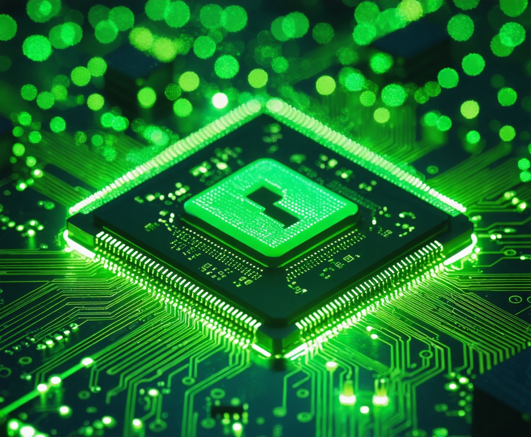 Macro shot of a glowing green microchip or circuit board symbolizing secure data handling at VayuTerra