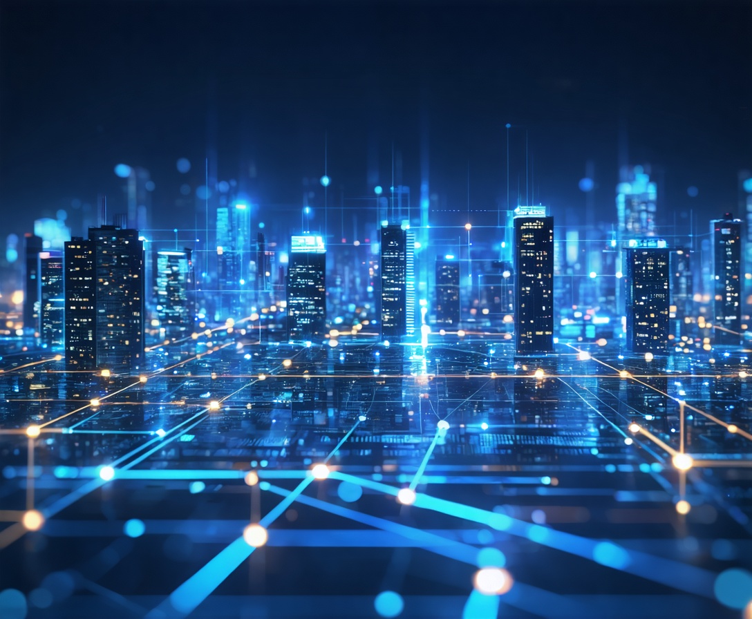 Abstract representation of a smart energy grid with glowing lines connecting cities and solar farms