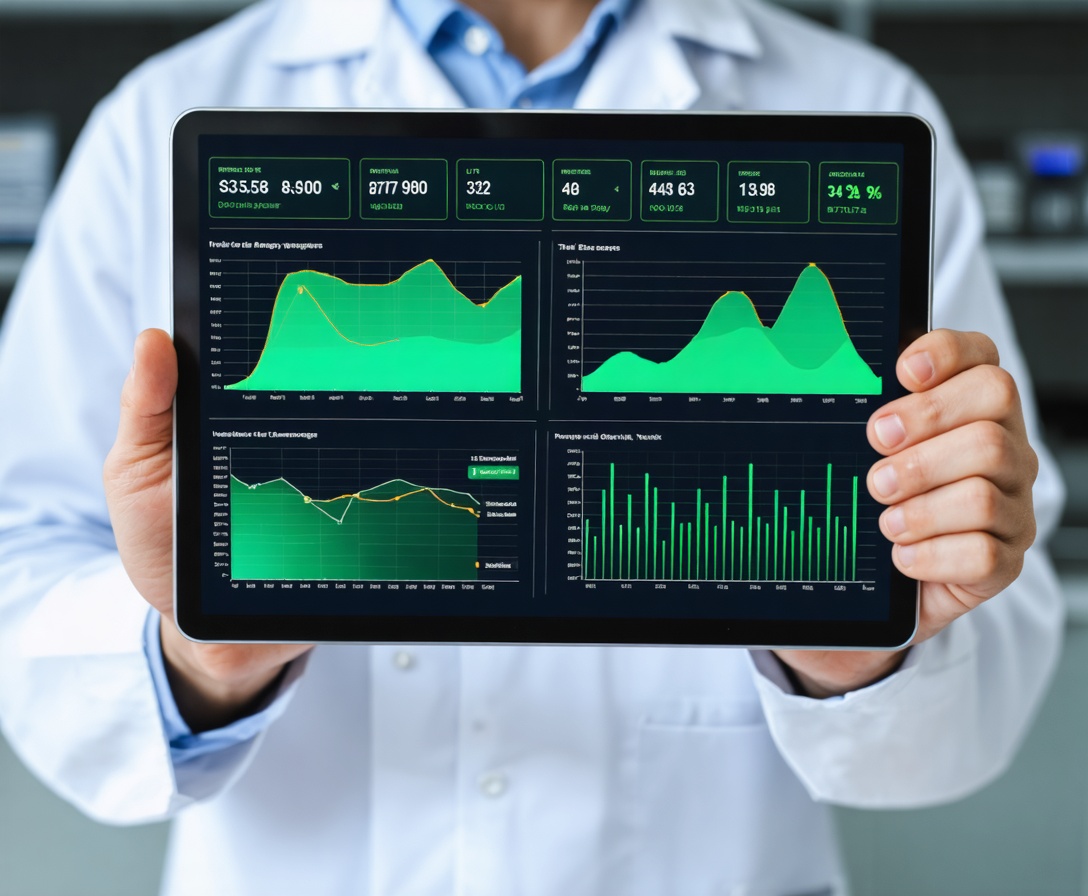 A digital tablet showing energy management software with green charts and graphs