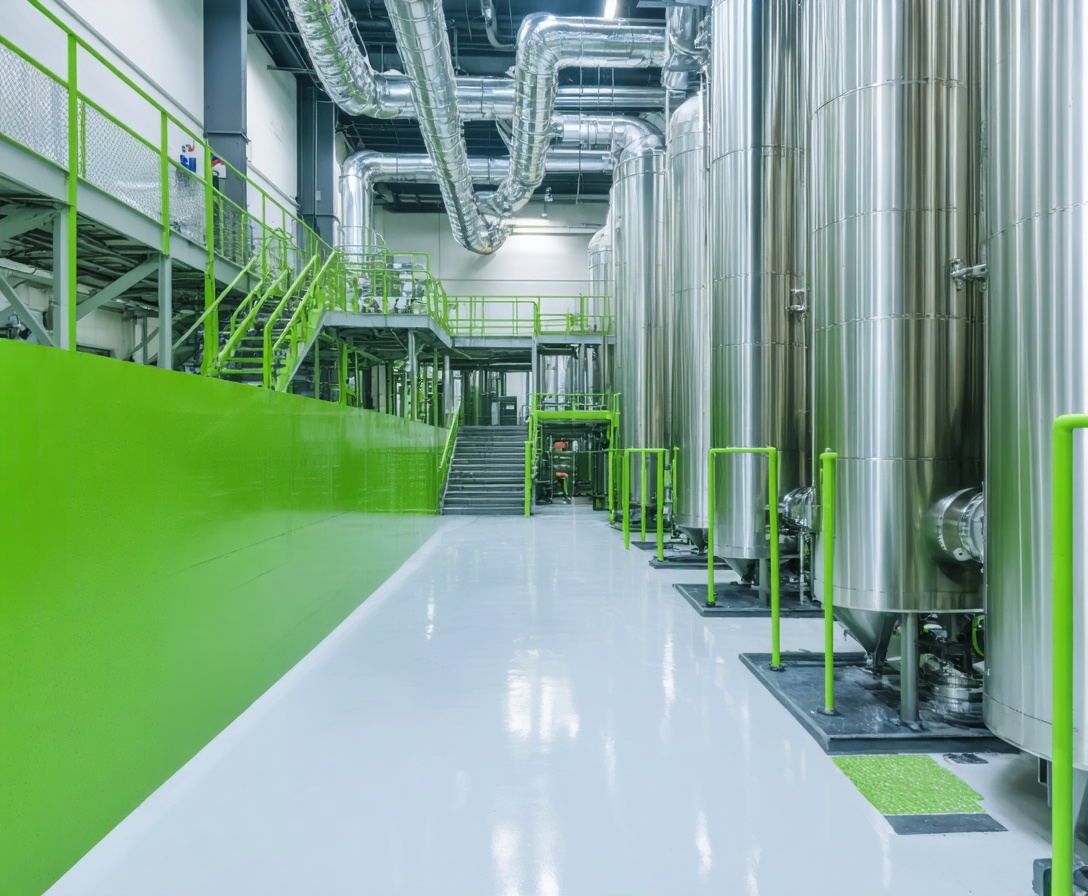 A sophisticated, clean indoor waste-to-energy processing facility with stainless steel pipes and tanks